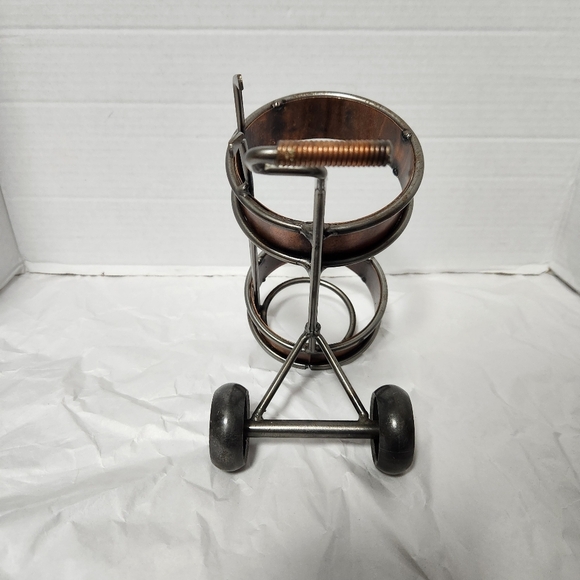 Vintage Metal Golf Cart Wine Bottle Holder Bronze Finish Handmade Rare Barware - Picture 5 of 8